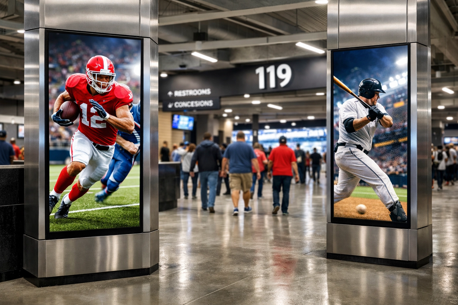 Digital signage screens in a modern sports stadium concourse displaying dynamic sports advertising.