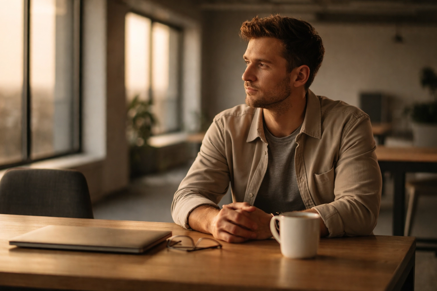 Contemplative founder reflecting alone in modern co-working space, highlighting founder identity crisis
