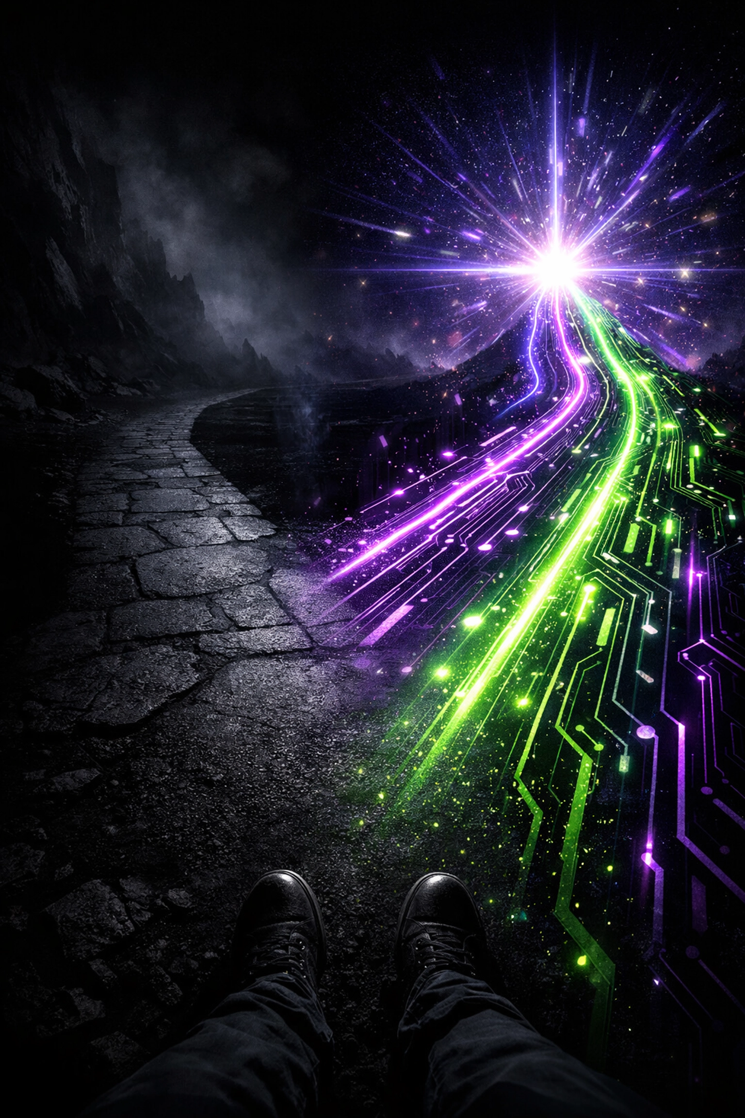 A choice between a traditional career path and a futuristic AI-driven highway.