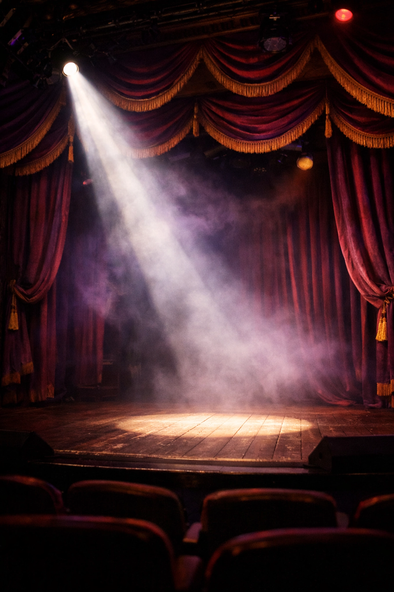 Empty vintage theatre stage with spotlight and curtains symbolizing queer theatrical revolution