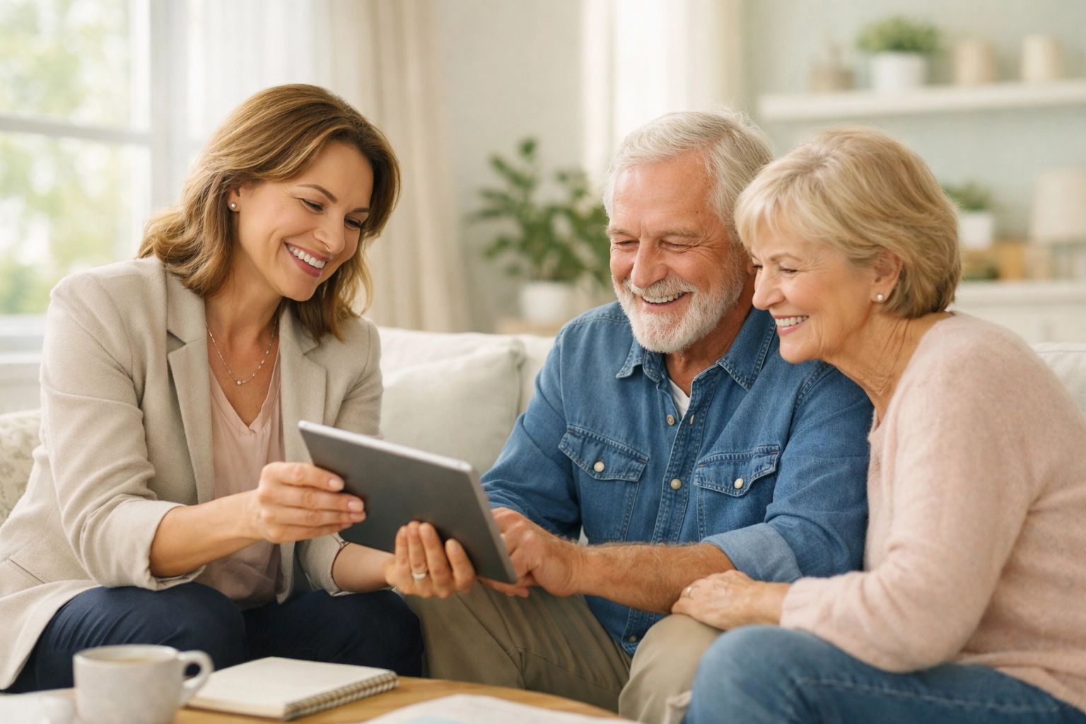 A professional consultant helping a senior couple explore Sarasota senior living options on a tablet.