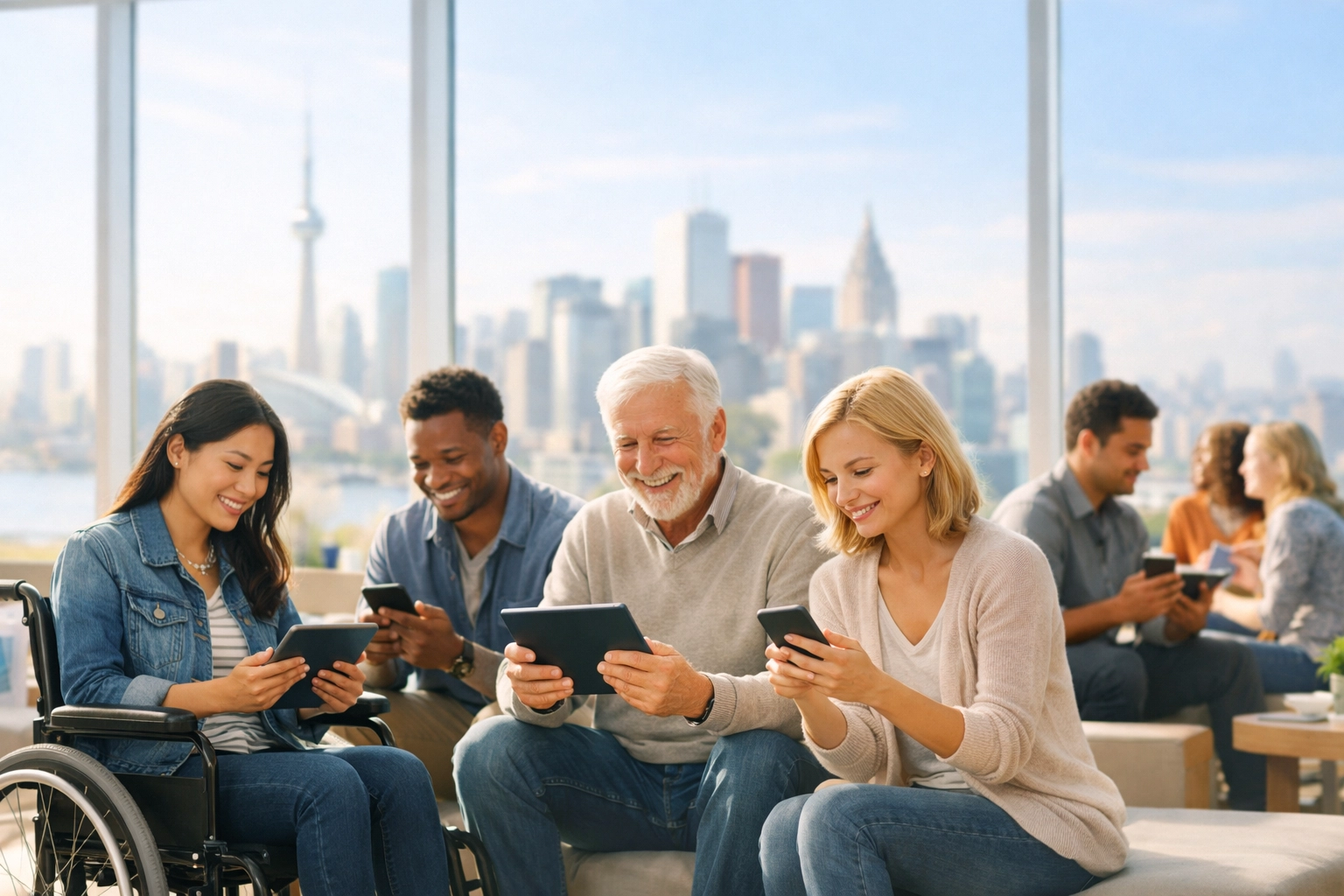 A diverse group of people connecting with Boundless Online Church through digital devices in a modern space.
