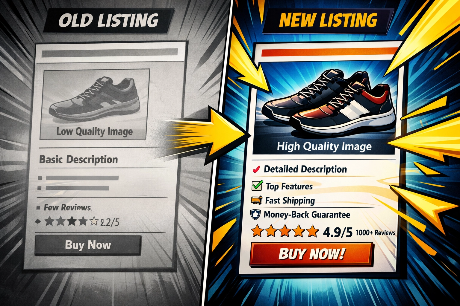 Comparison of outdated versus optimized Amazon product listing showing competitive advantage