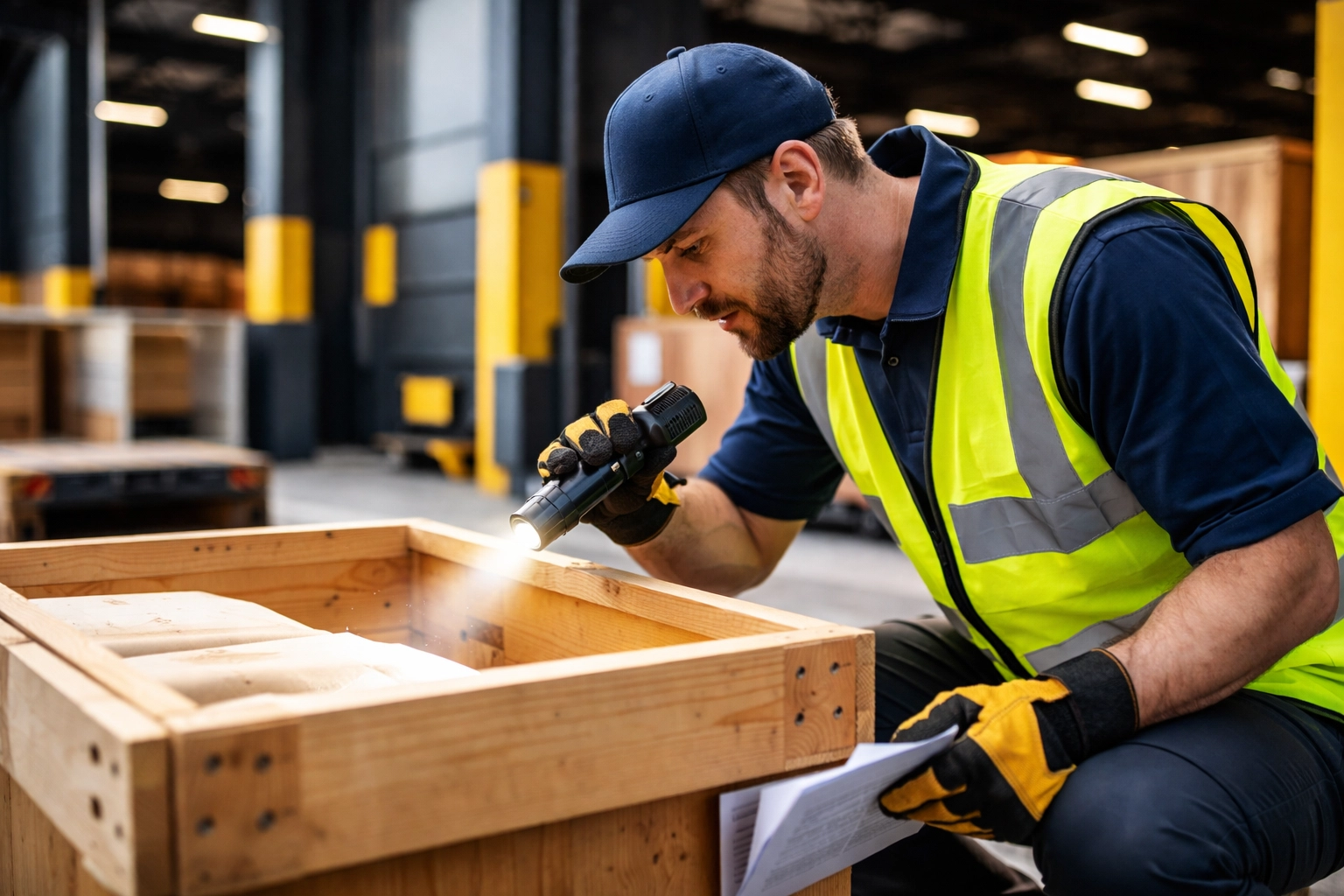 Logistics professional inspecting delivered shipment before signing waiver