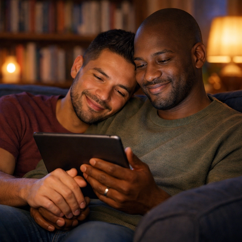 Diverse gay couple reading MM romance books together in a cozy library, celebrating queer love and identity.