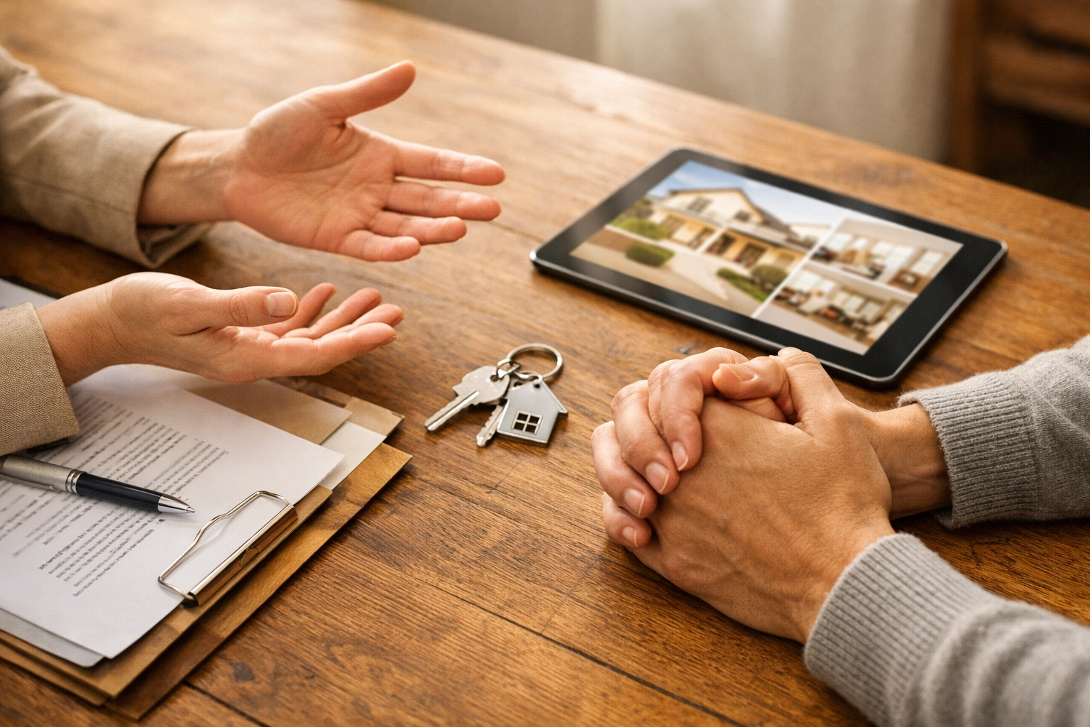 Property consultation meeting between estate agent and client discussing sales progression