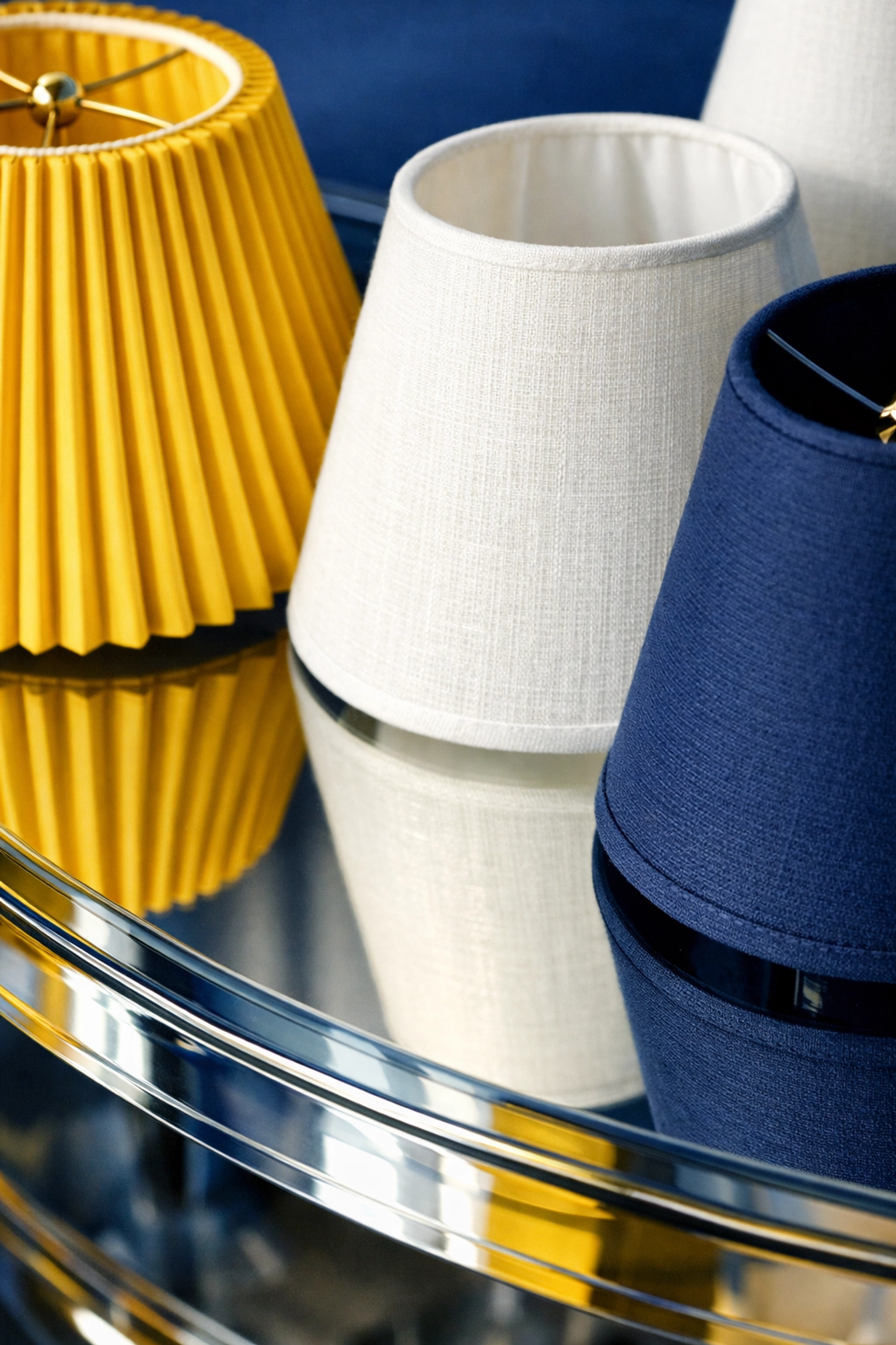Various clean lamp shade textures like pleated and linen fabric displayed in a well-maintained home.
