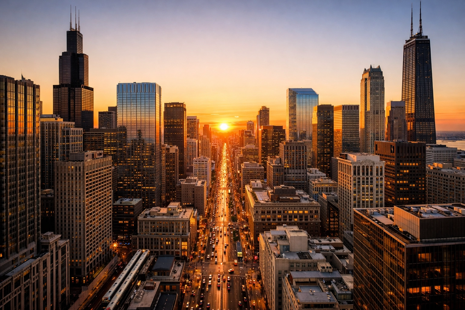 Wide-angle view of the Chicago skyline at golden hour representing metropolitan property management and cleaning.