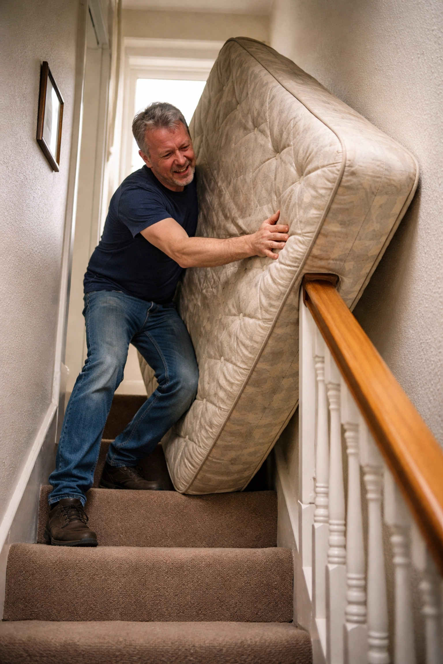 Homeowner struggling to carry bulky waste down stairs, showing challenges of DIY waste disposal