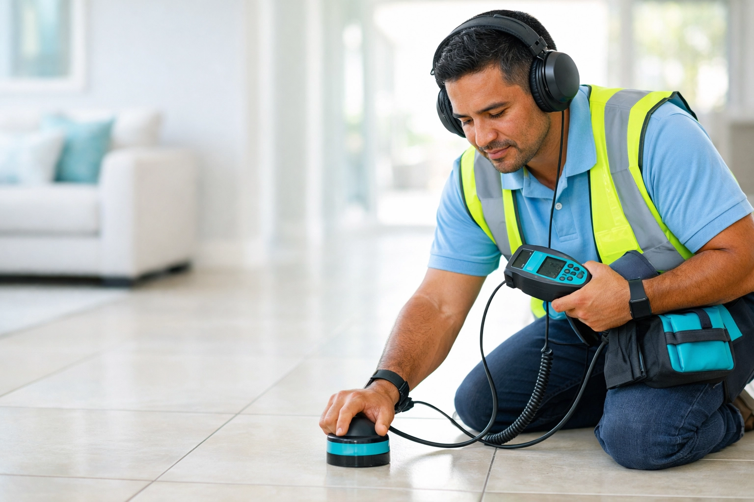 Professional technician using an acoustic leak detector to find hidden water leaks in a Florida home.