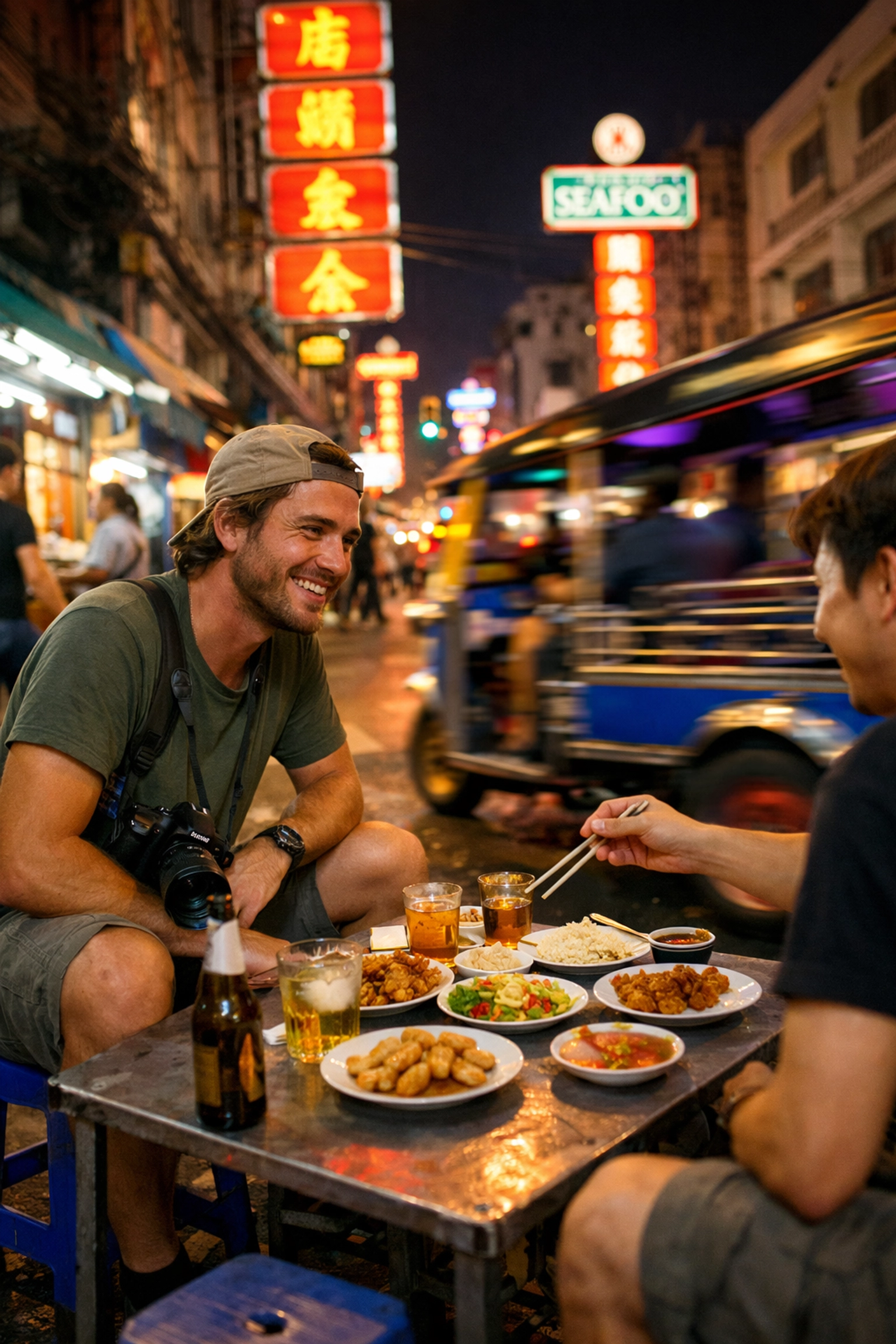 A budget traveler with a camera enjoys a variety of Thai street food plates at a Bangkok night market.