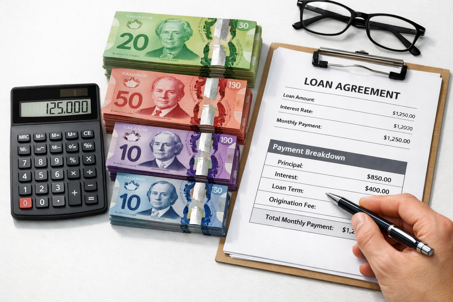 Calculator and documents showing CSBFL loan costs, fees and interest rate breakdown