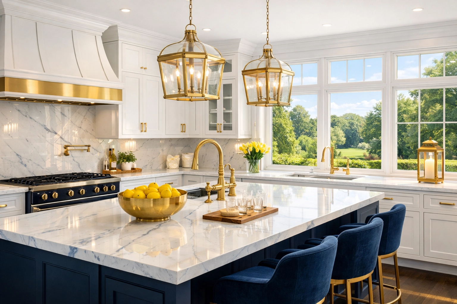 Luxury House Cleaning in Newton for a sun-drenched high-end kitchen with white marble countertops.