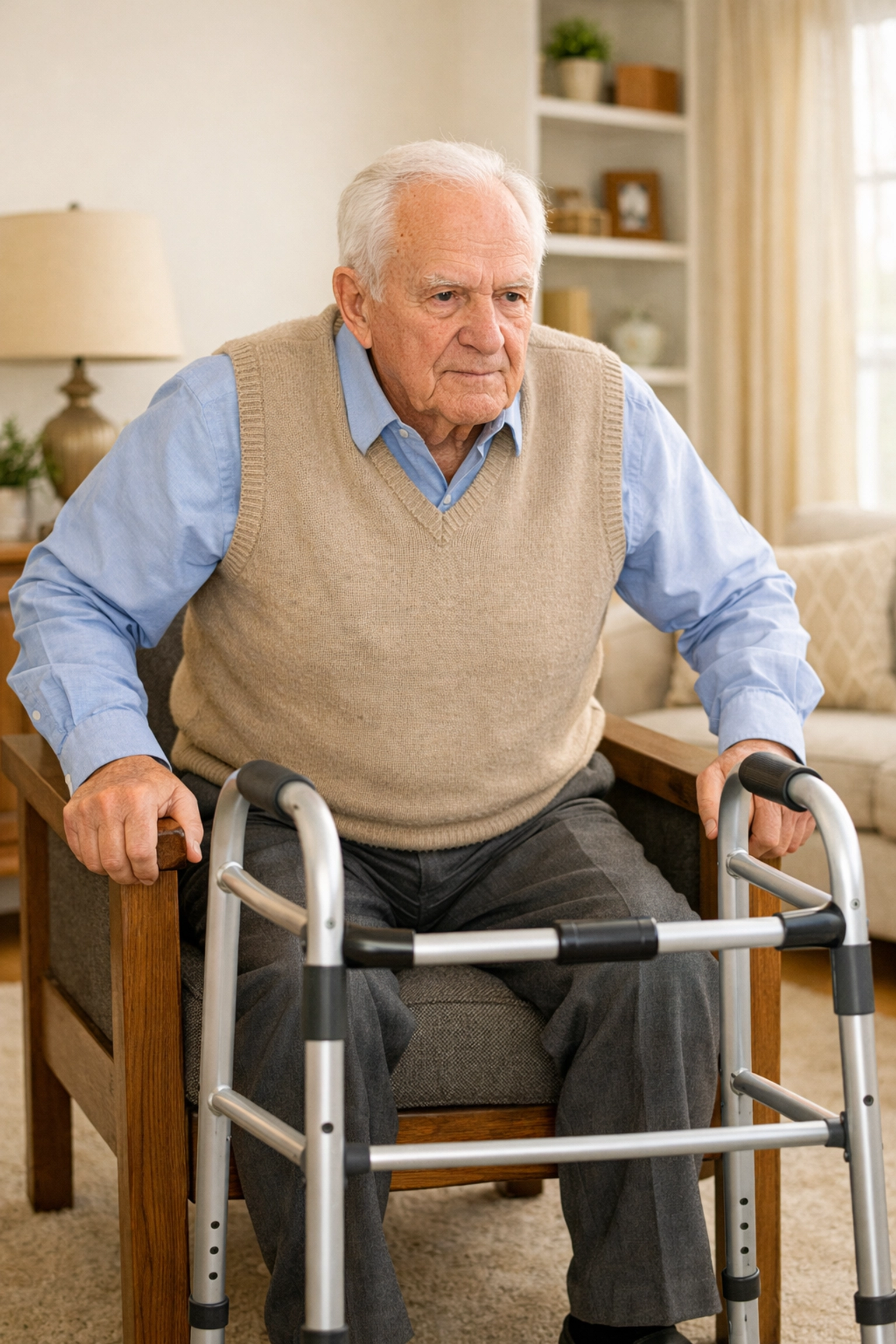 Senior man pushing off chair armrests to stand safely before using his walker.