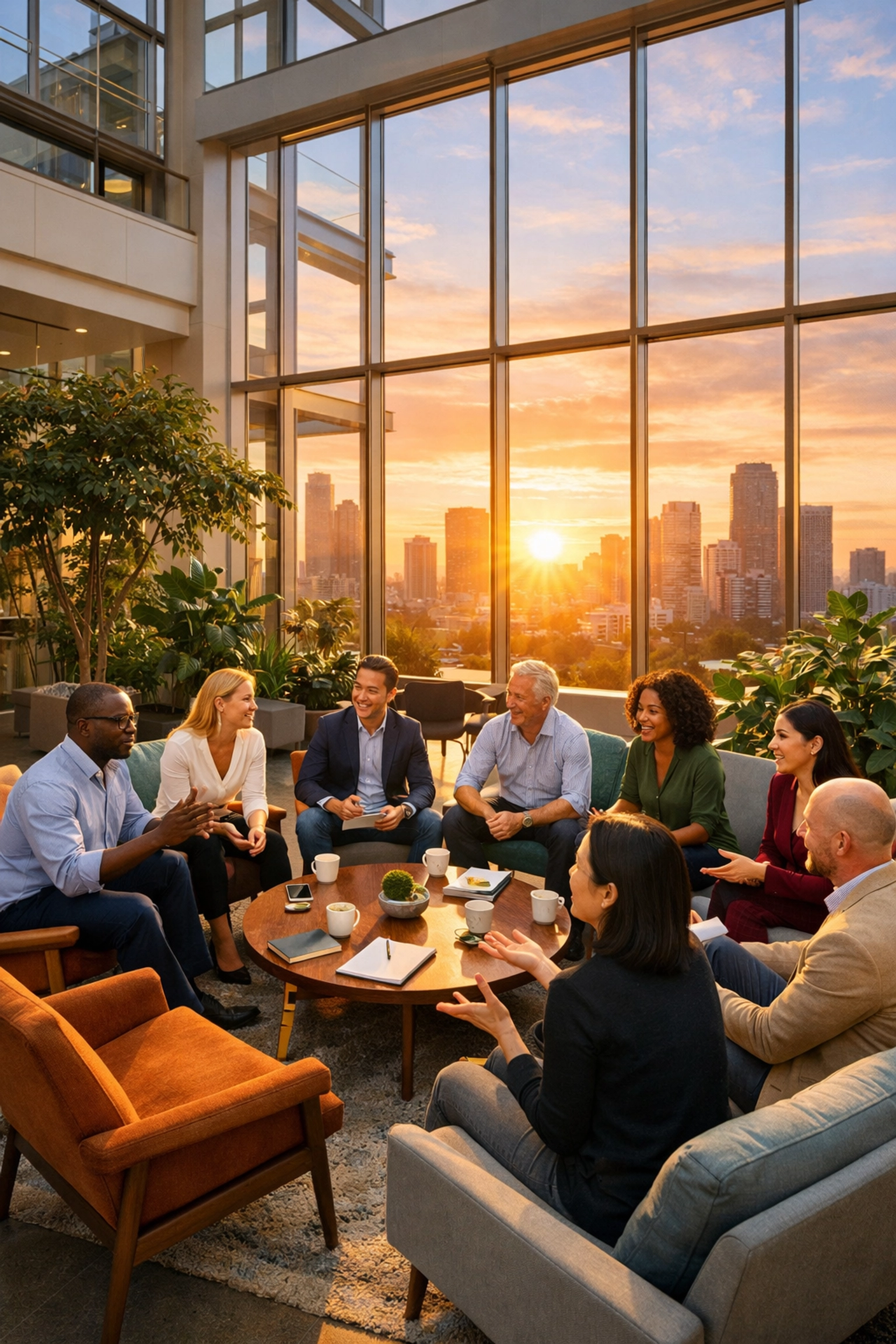 A diverse team collaborating in a modern office atrium, representing a shift to a leaderful organization.