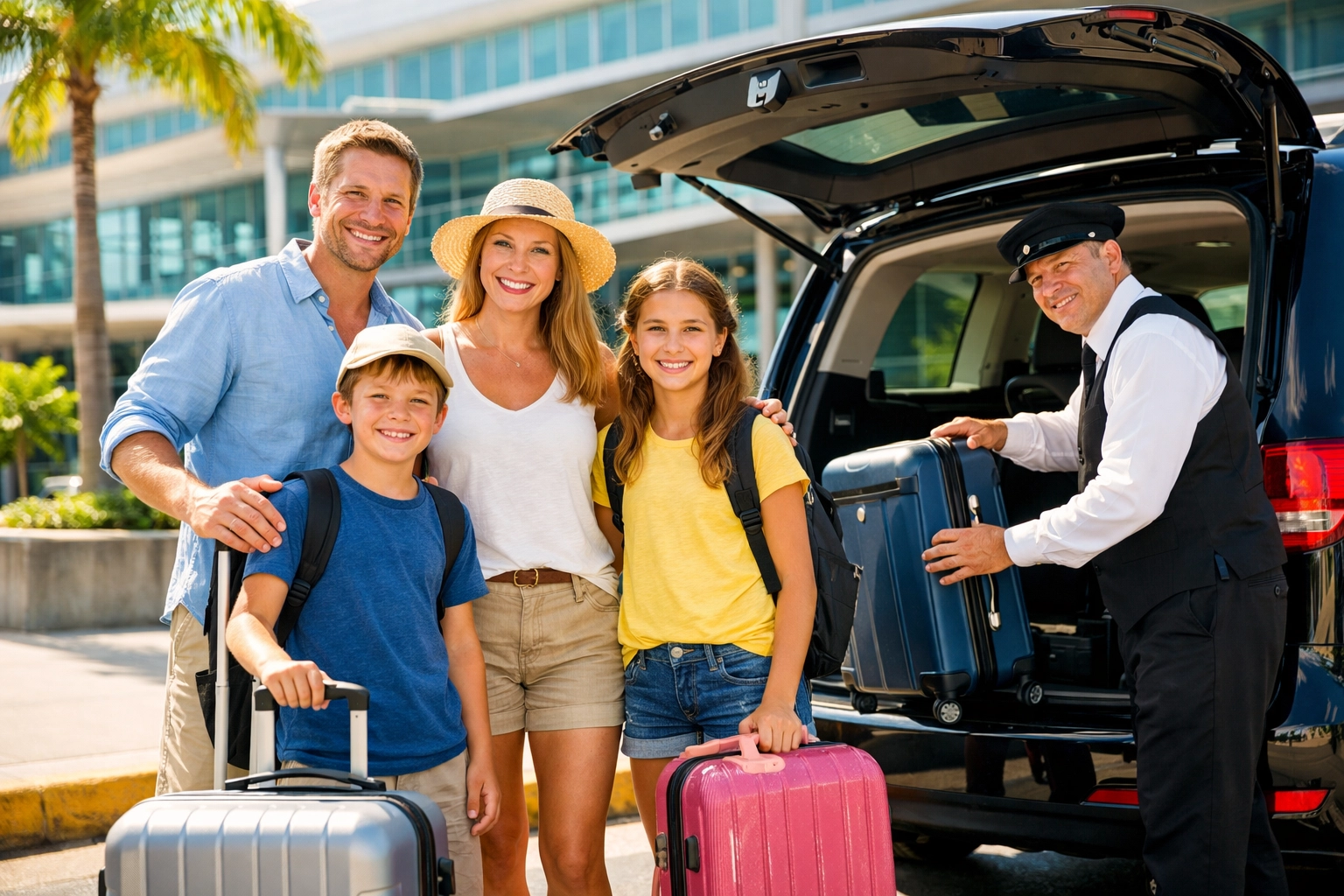 Family using airport transfers UK service with professional driver at terminal