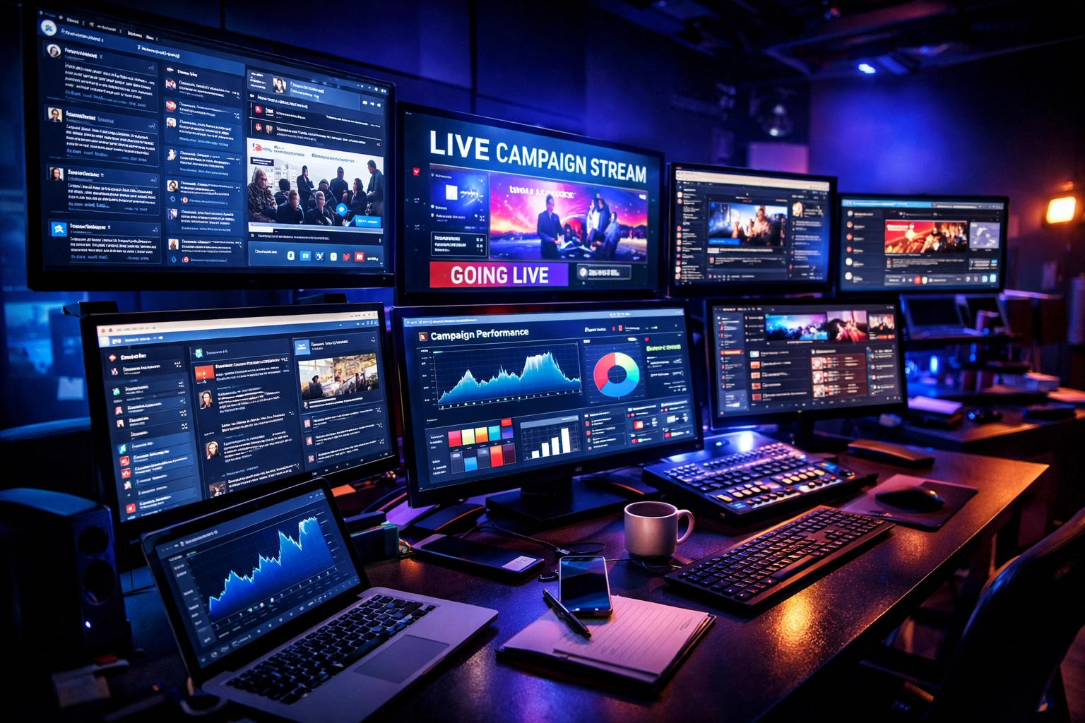 Multi-platform marketing command center with screens showing coordinated Super Bowl campaign execution