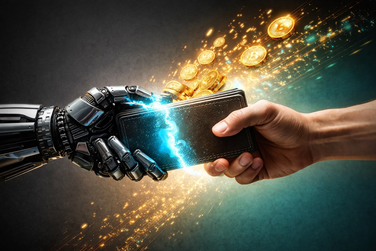 Two hands struggle over a digital wallet to illustrate the transfer of control from custodial processors to merchants using self-custody blockchain payments