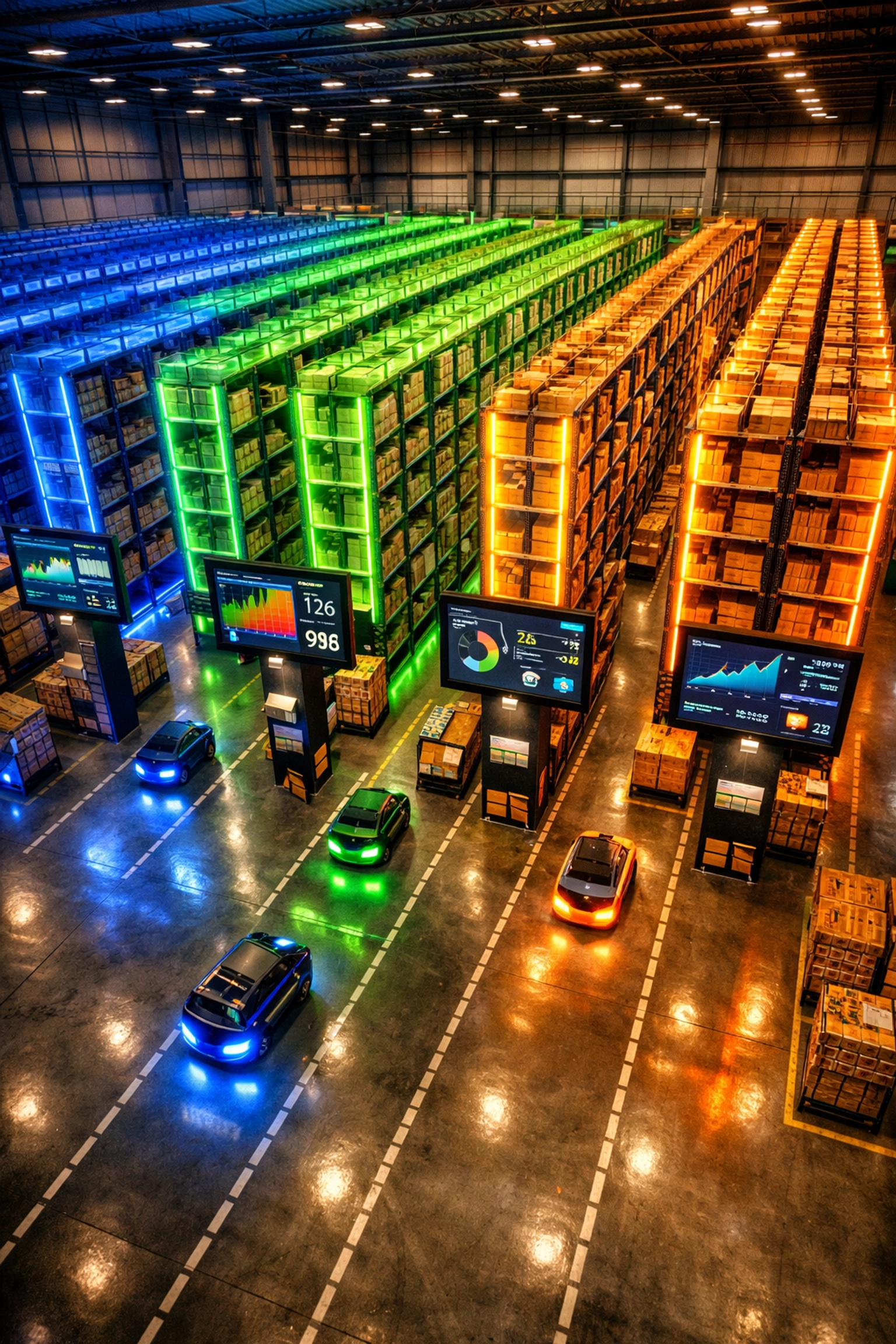 Automated warehouse facility with organized inventory shelving and real-time tracking systems