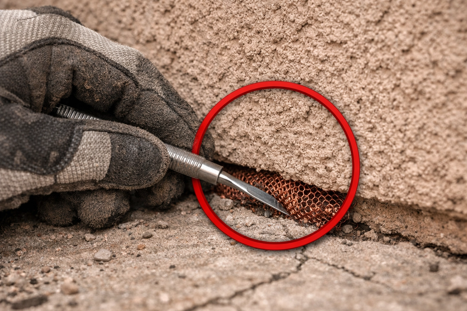 Professional technician sealing a stucco wall weep hole with copper mesh for pest exclusion.