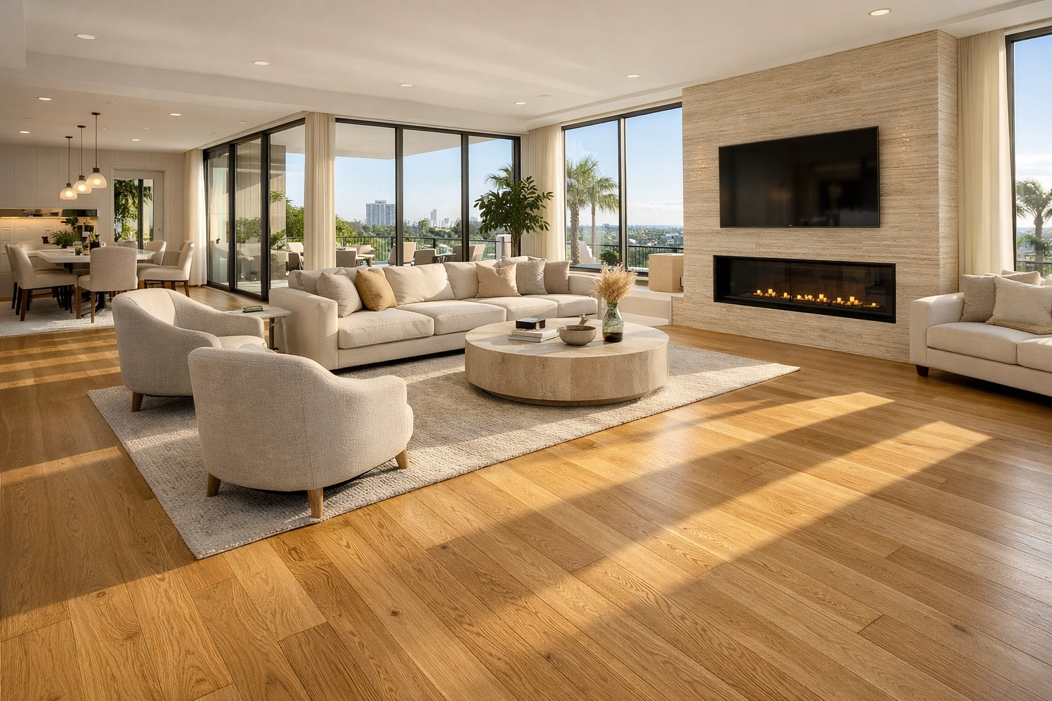 Light-oak hardwood floor in a sun-lit Orlando home renovation with modern interior design.