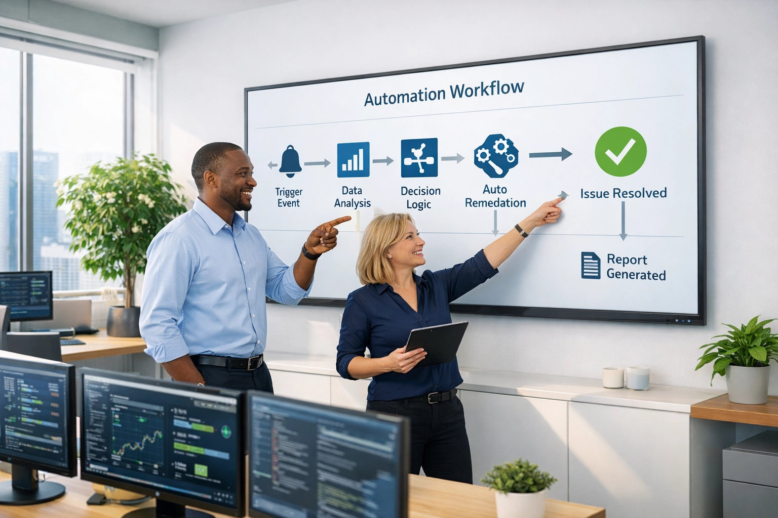 IT professionals reviewing autonomous workflows in a modern office, showcasing ServiceNow Agentic AI efficiency.