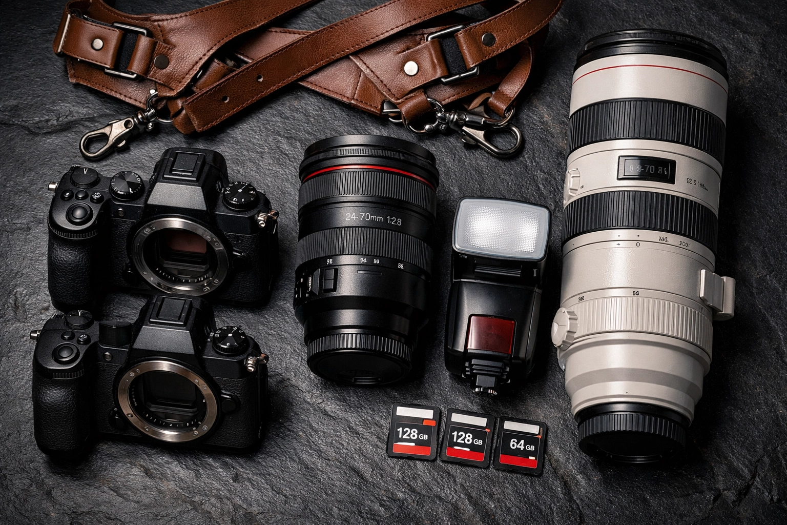 High-end professional camera gear and lenses used by a corporate event photographer in Miami.