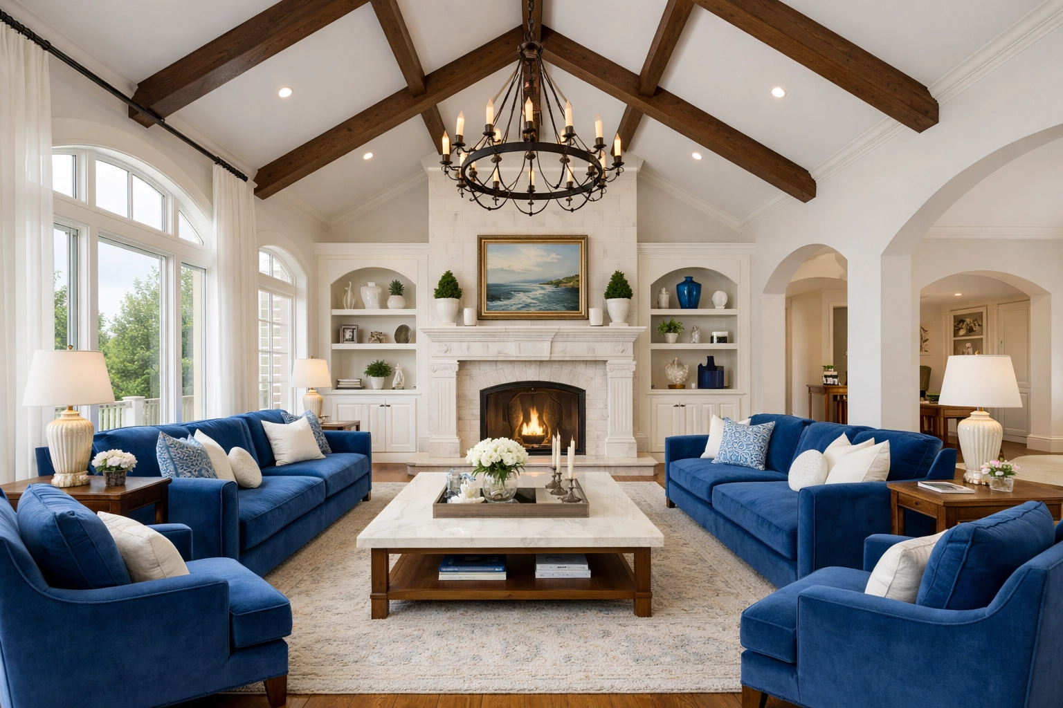 Pristine Lincoln estate living room with high ceilings and clean blue furniture, showing a dust-free home.