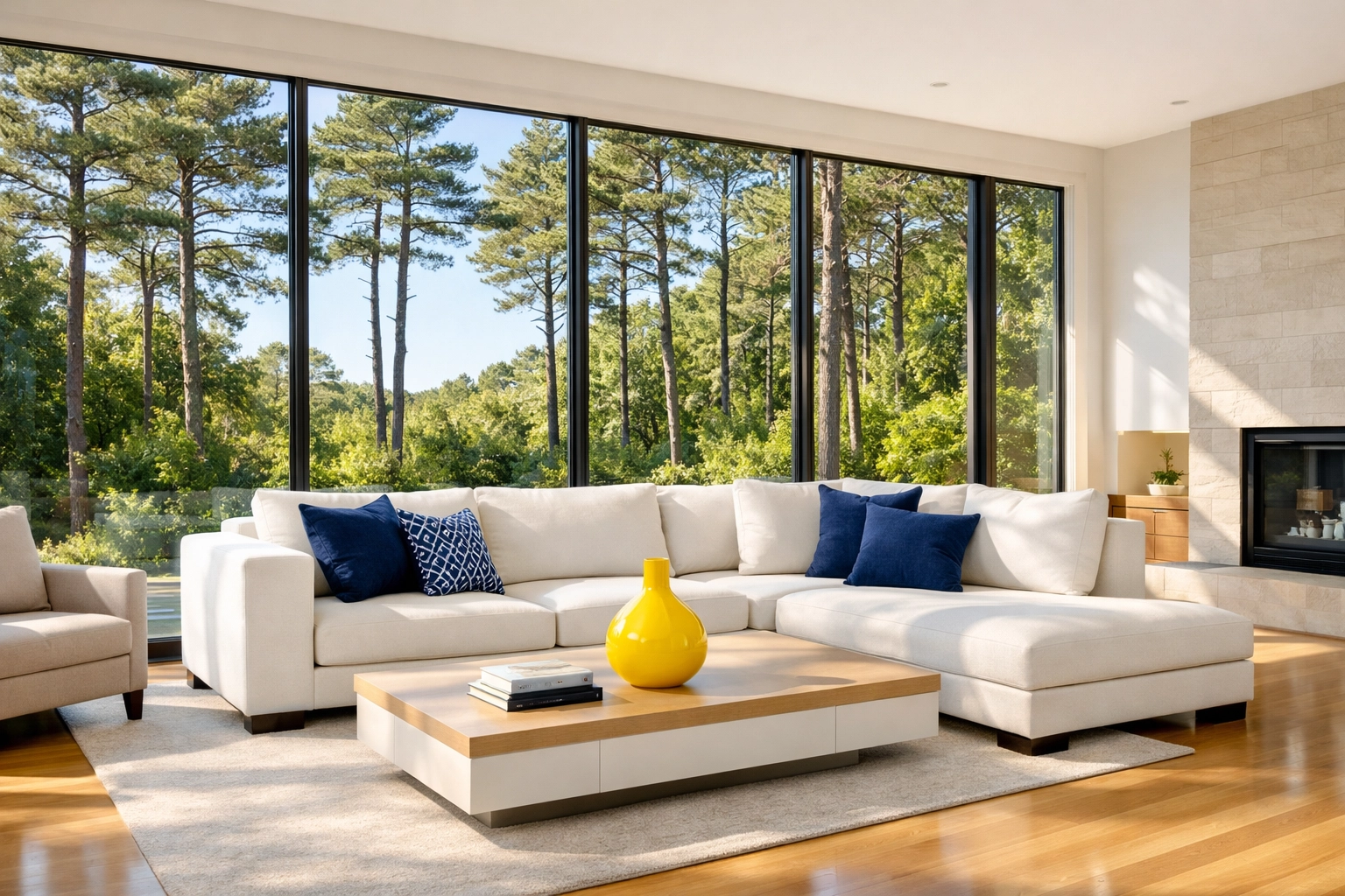 Clean Hatchville living room with spotless hardwood floors after a weekly house cleaning service.