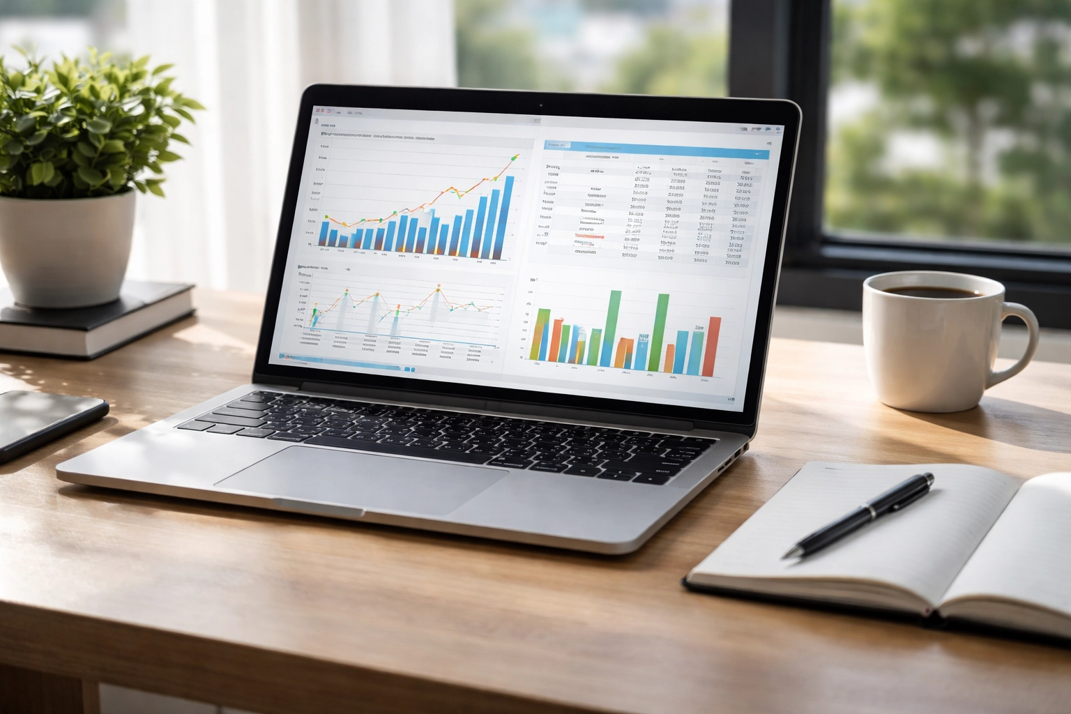 Photorealistic photo of a laptop displaying financial charts and a real estate cash-flow spreadsheet for data-driven investing