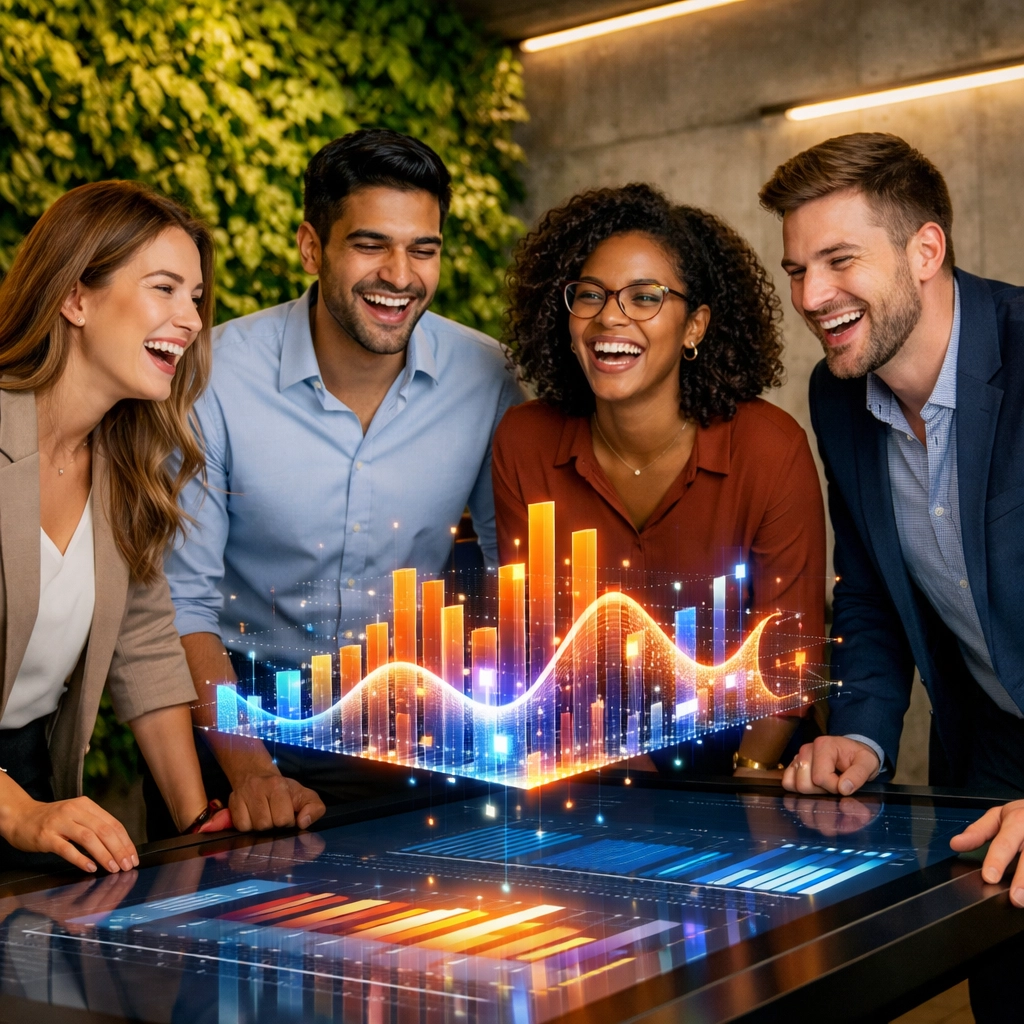 Ein modernes Team nutzt KI-Datenvisualisierungen zur strategischen Beratung in einer intelligenten Kanzlei.