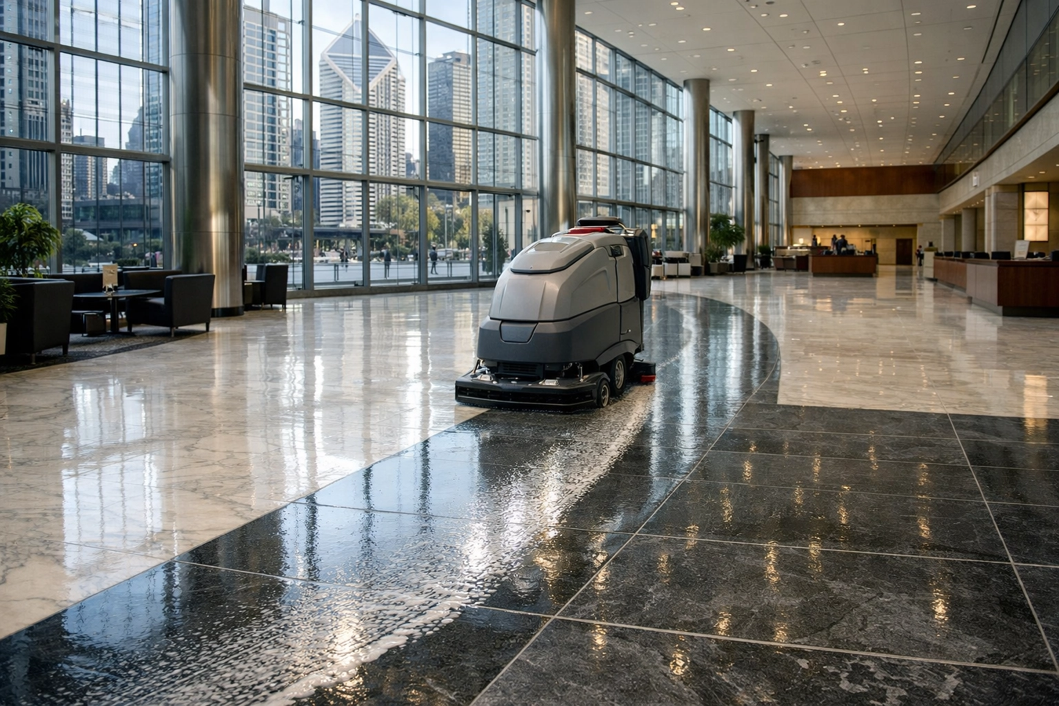 Commercial floor buffer polishing a modern marble lobby to remove salt residue in a Chicago building.