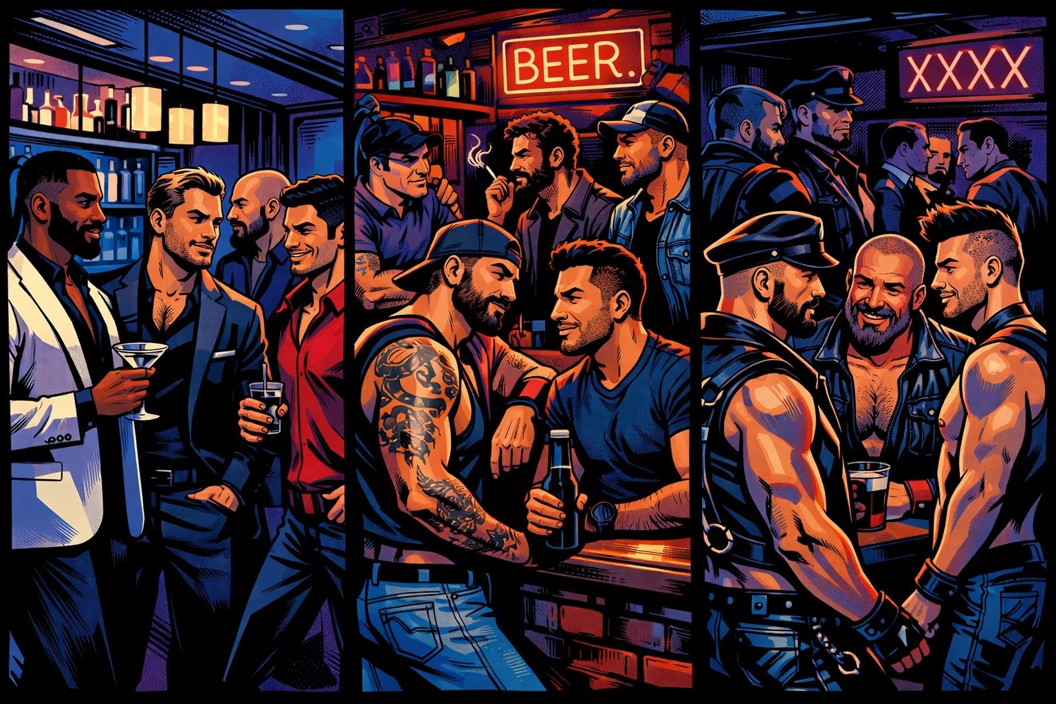 Three types of gay cruising bars - upscale lounge, dive bar, and leather bar