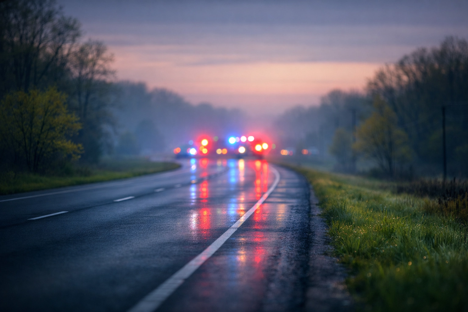 Police lights on an Indiana highway at dawn during the April blitz. A criminal lawyer Indiana can assist with tickets.