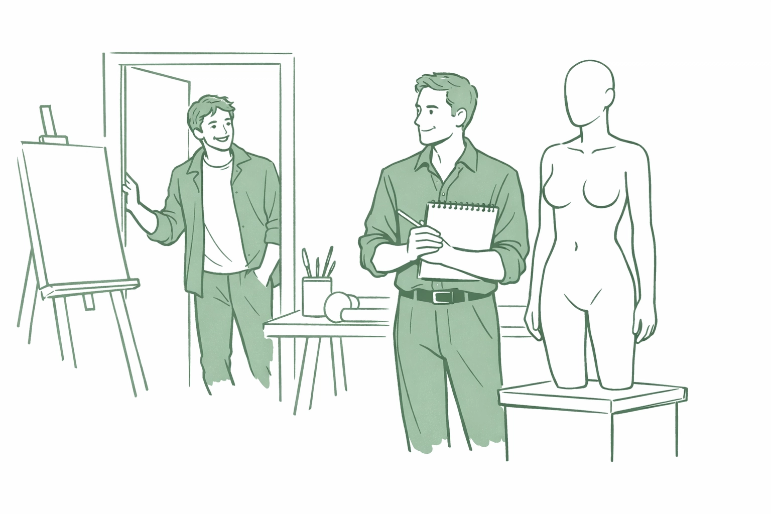 Gay artist in studio with mannequin as another man enters, illustrating artificial intimacy theme