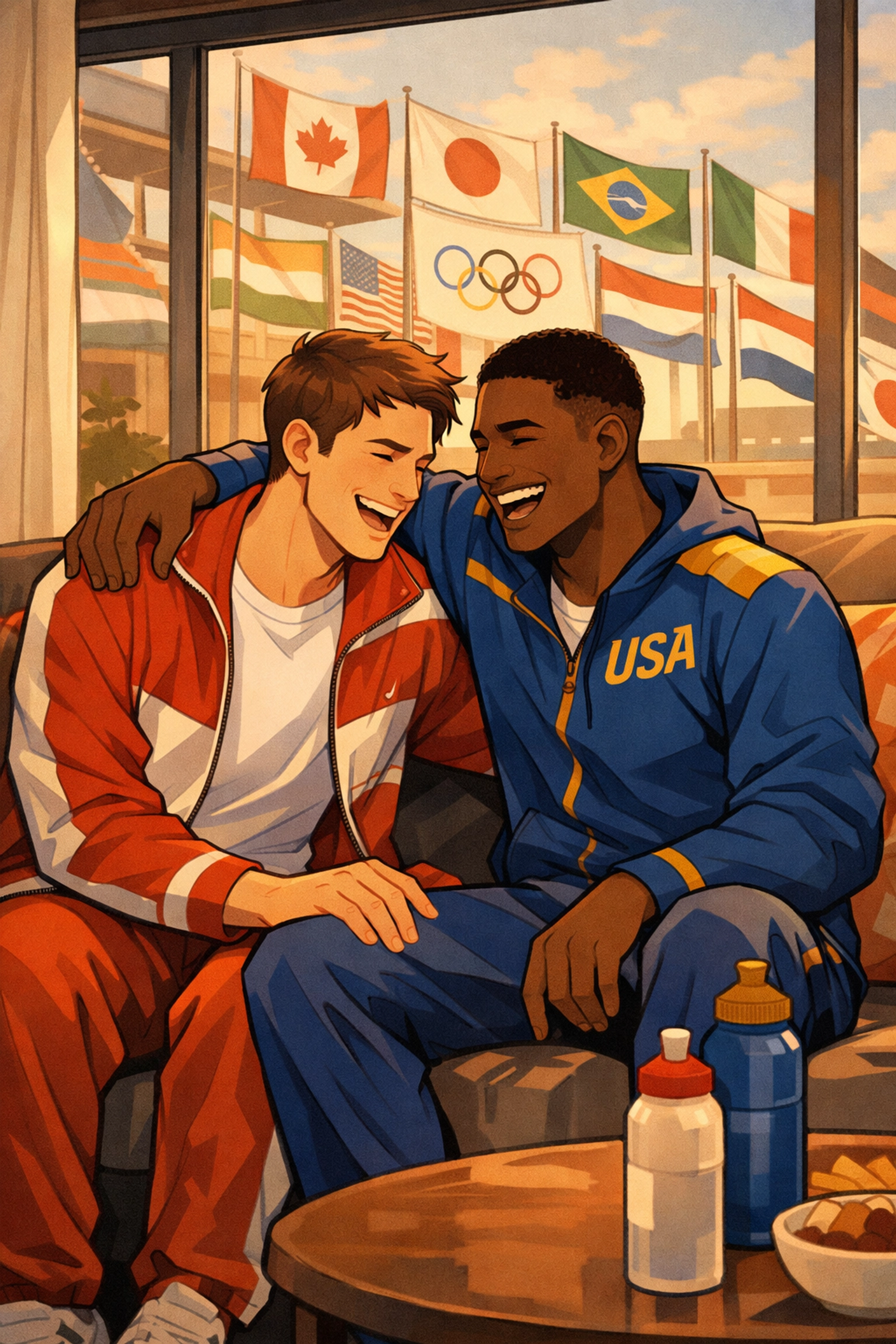 Gay athletes from different countries sharing moment of connection at Olympic Village