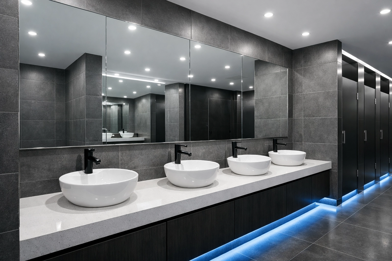 Deep-cleaned commercial venue restroom featuring spotless white sinks and modern tiles.