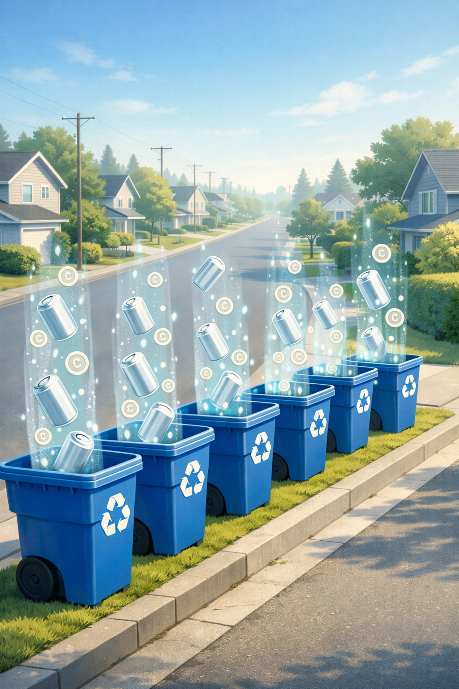 Neighborhood street with blue recycling bins showing the cash value of aluminum cans at the curb