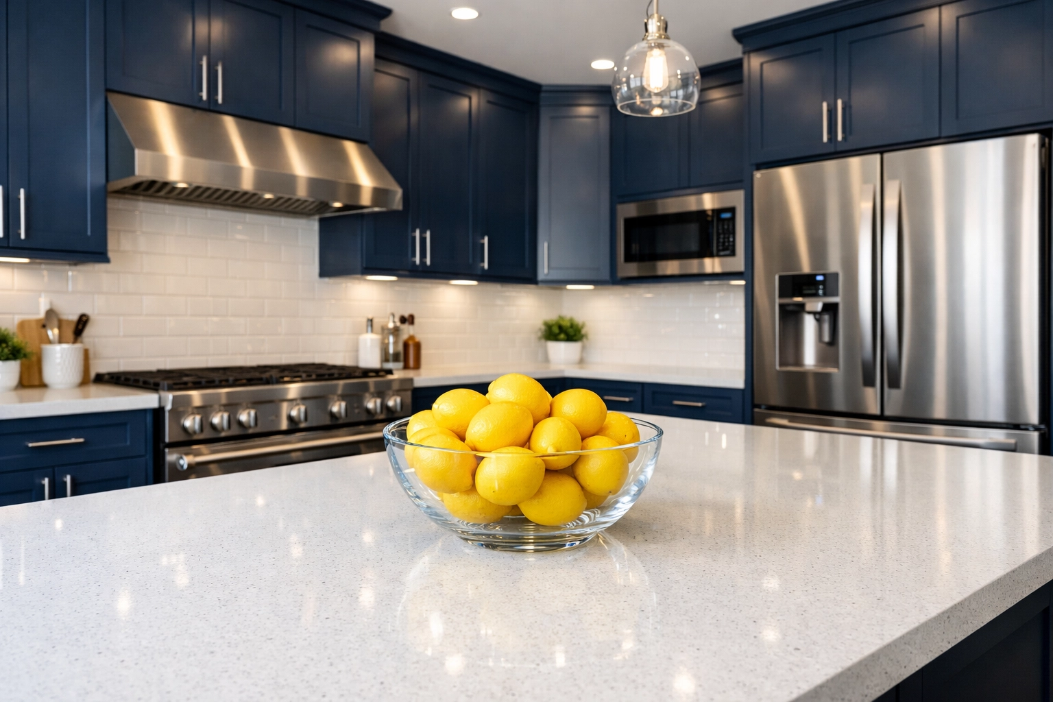 Sparkling kitchen deep cleaning Concord MA results on white quartz counters and blue cabinets.