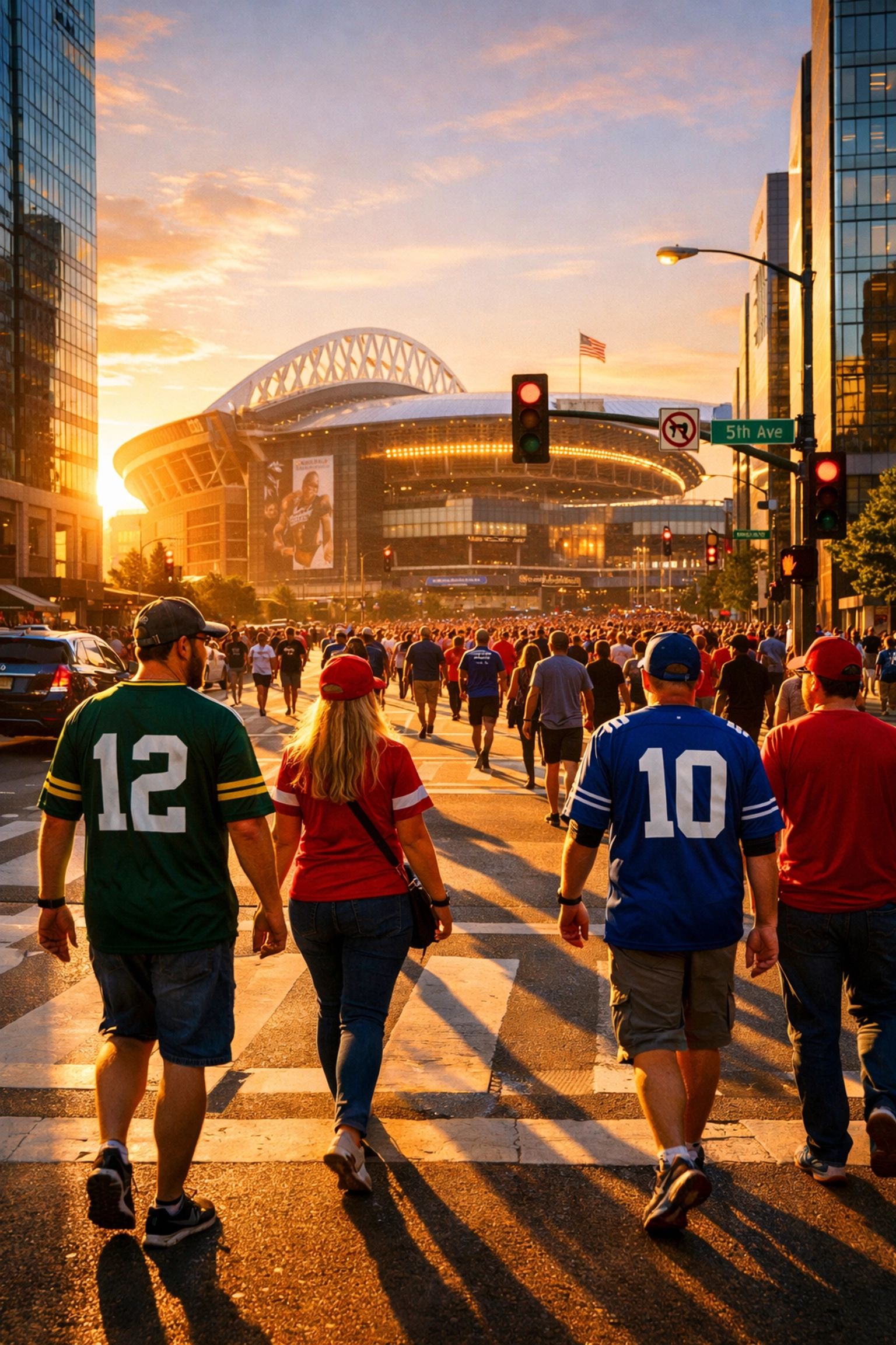 Sports fans walking through an urban center toward a stadium, illustrating high-value audience engagement.