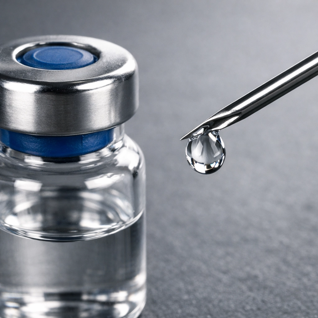 Close-up of a research peptide vial and needle for precise reconstitution with bacteriostatic water.