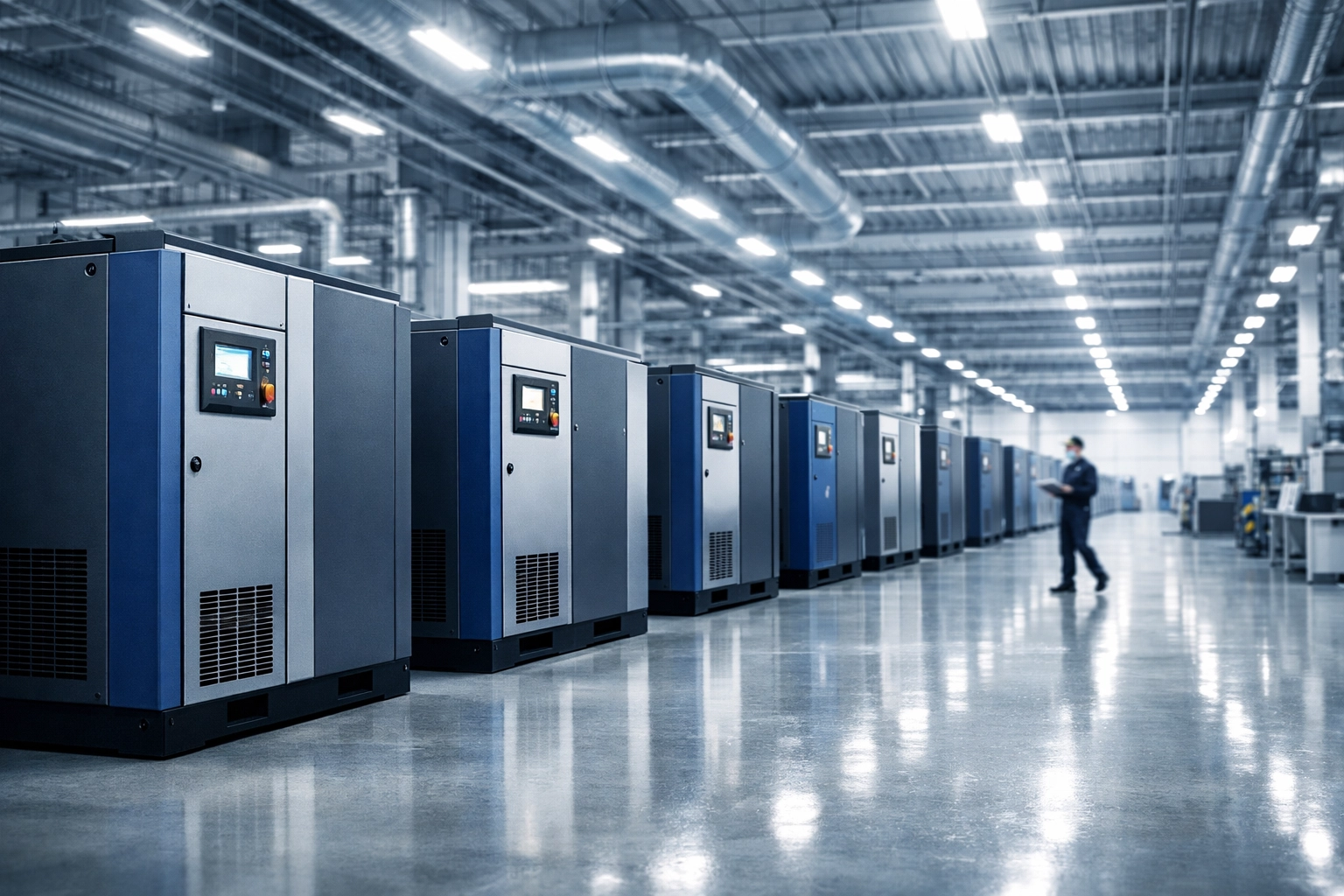 Industrial screw air compressors on a clean-room factory floor for AI-ready automated production lines.