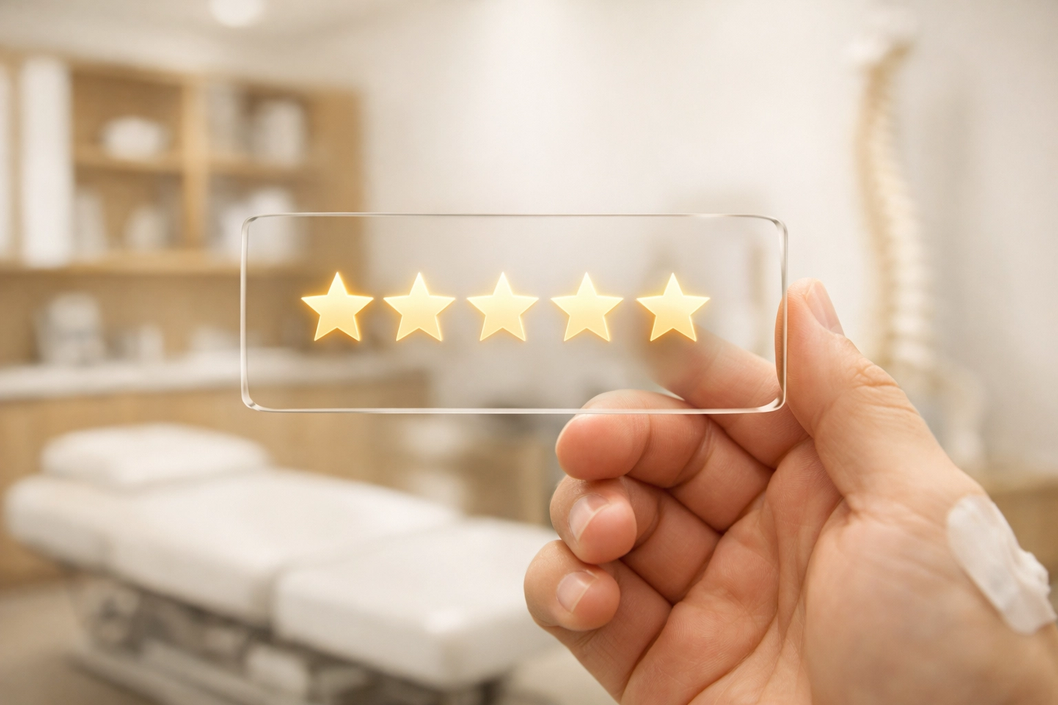 A 5-star patient review on a digital screen, symbolizing high-trust chiropractic marketing.