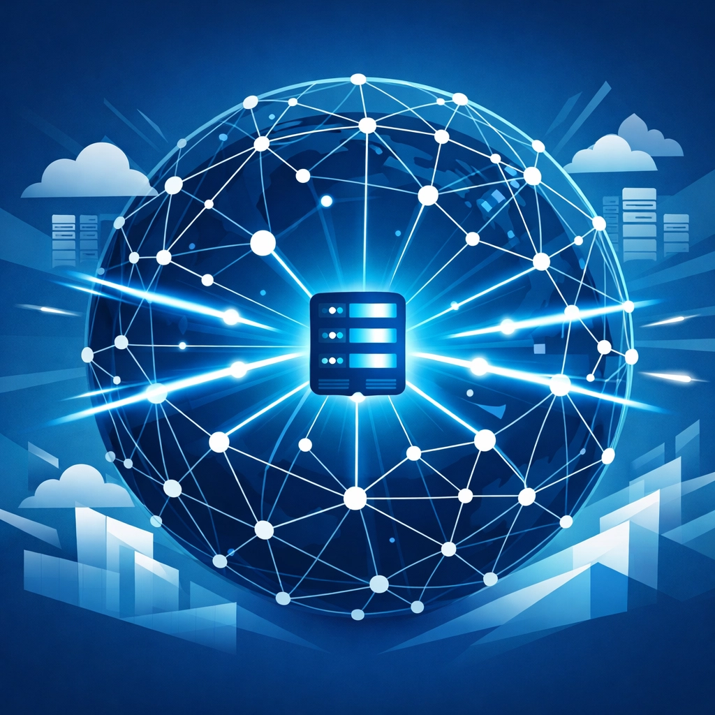 Global network illustration representing a Content Delivery Network for faster website hosting and response times.