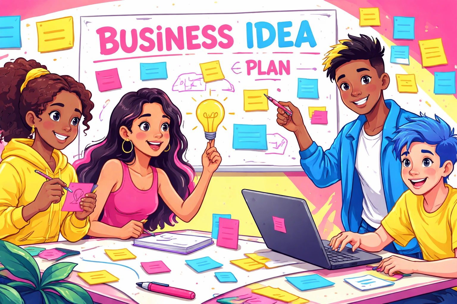 Cartoon-style graphic: minority teens collaborating on entrepreneurship ideas (TBCC pink-yellow-blue palette)