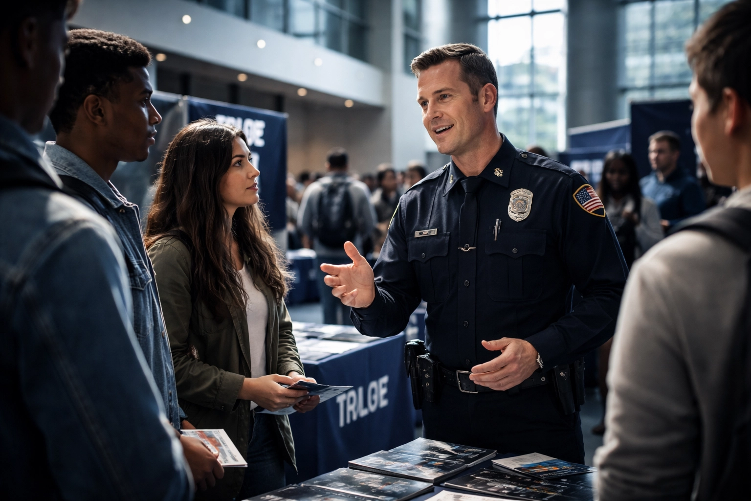 Police recruiter engaging with diverse young candidates at a university career fair for active outreach strategies