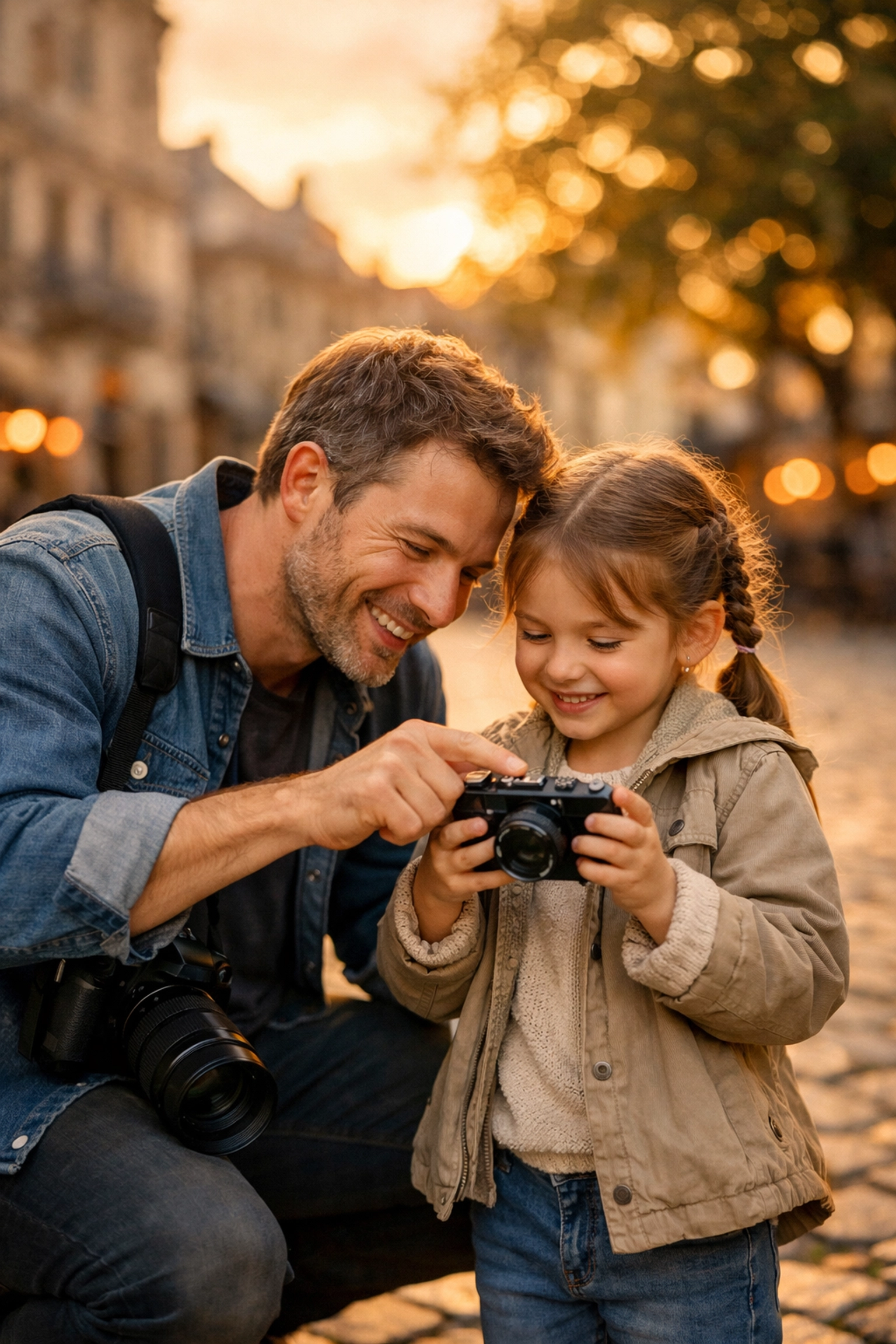 Father teaching daughter travel photography at a historic European photo spot.