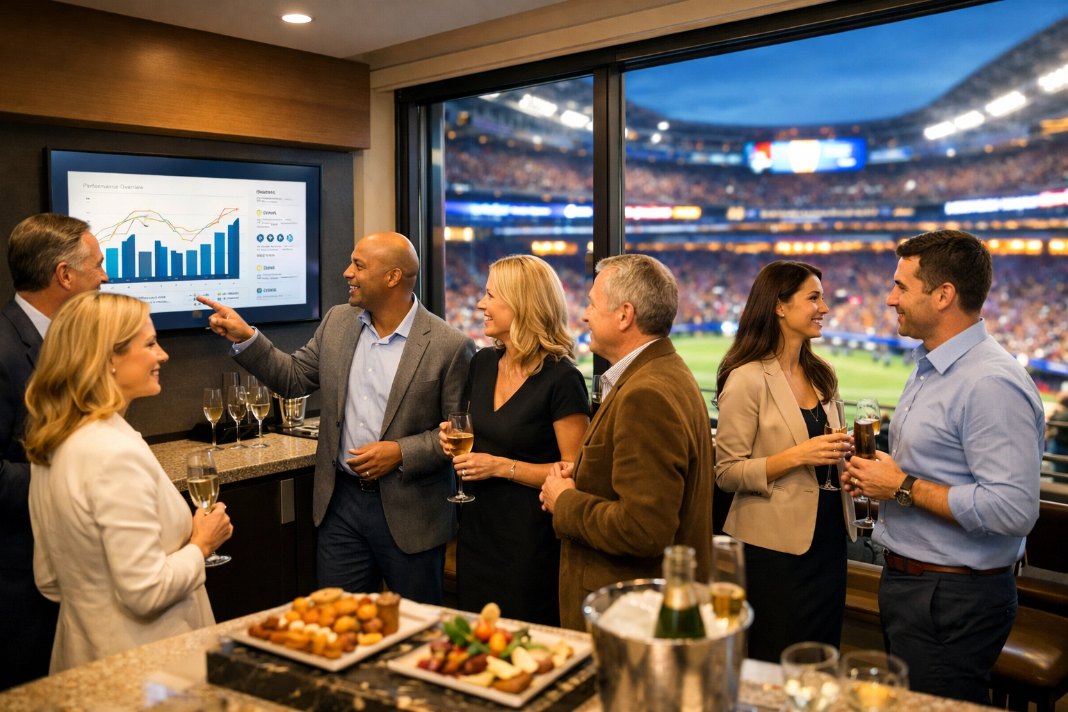 Executives networking in a luxury corporate stadium suite for a high-stakes client engagement event.