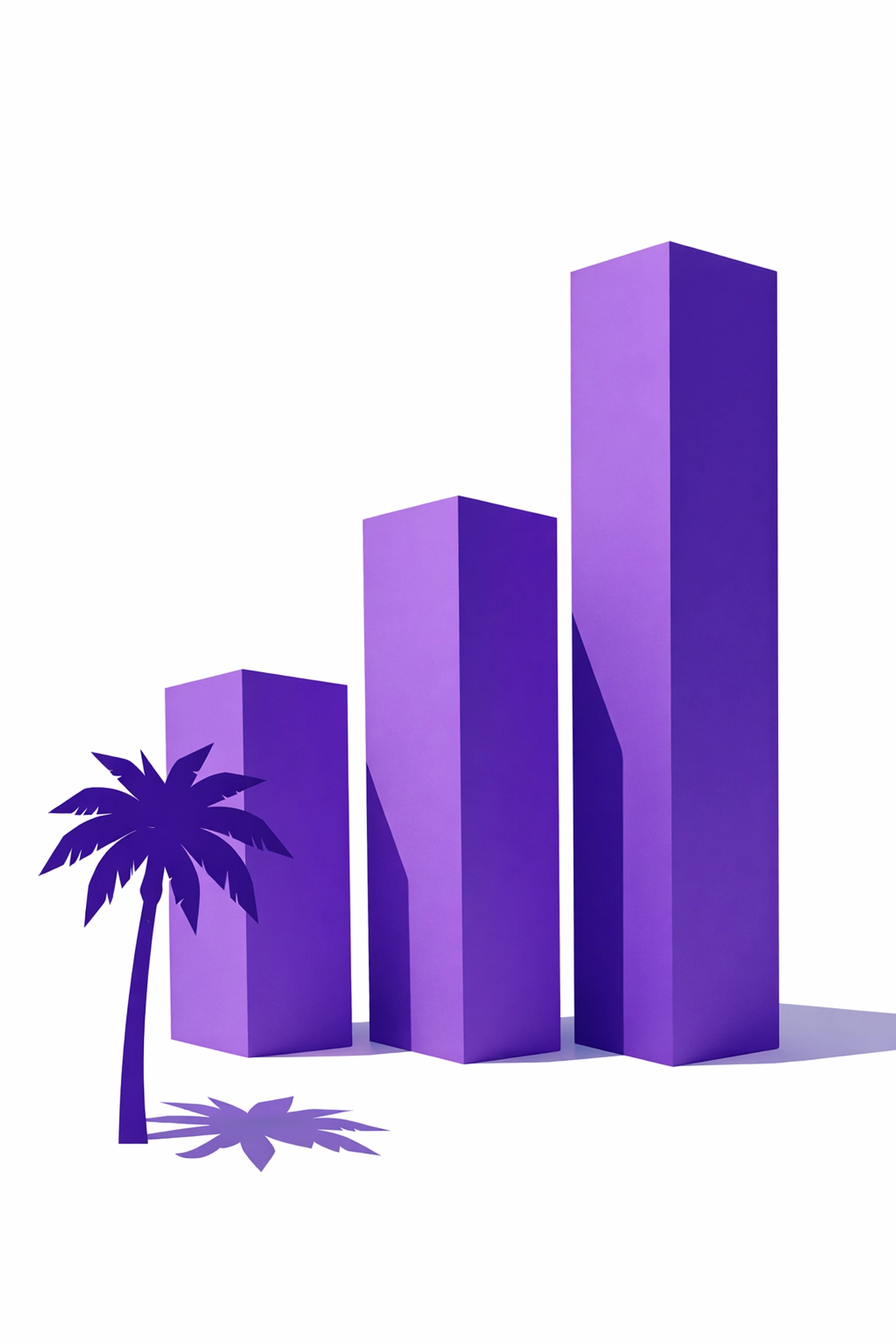 Purple geometric pillars and a palm tree silhouette symbolizing scaling a Los Angeles business with stable books.