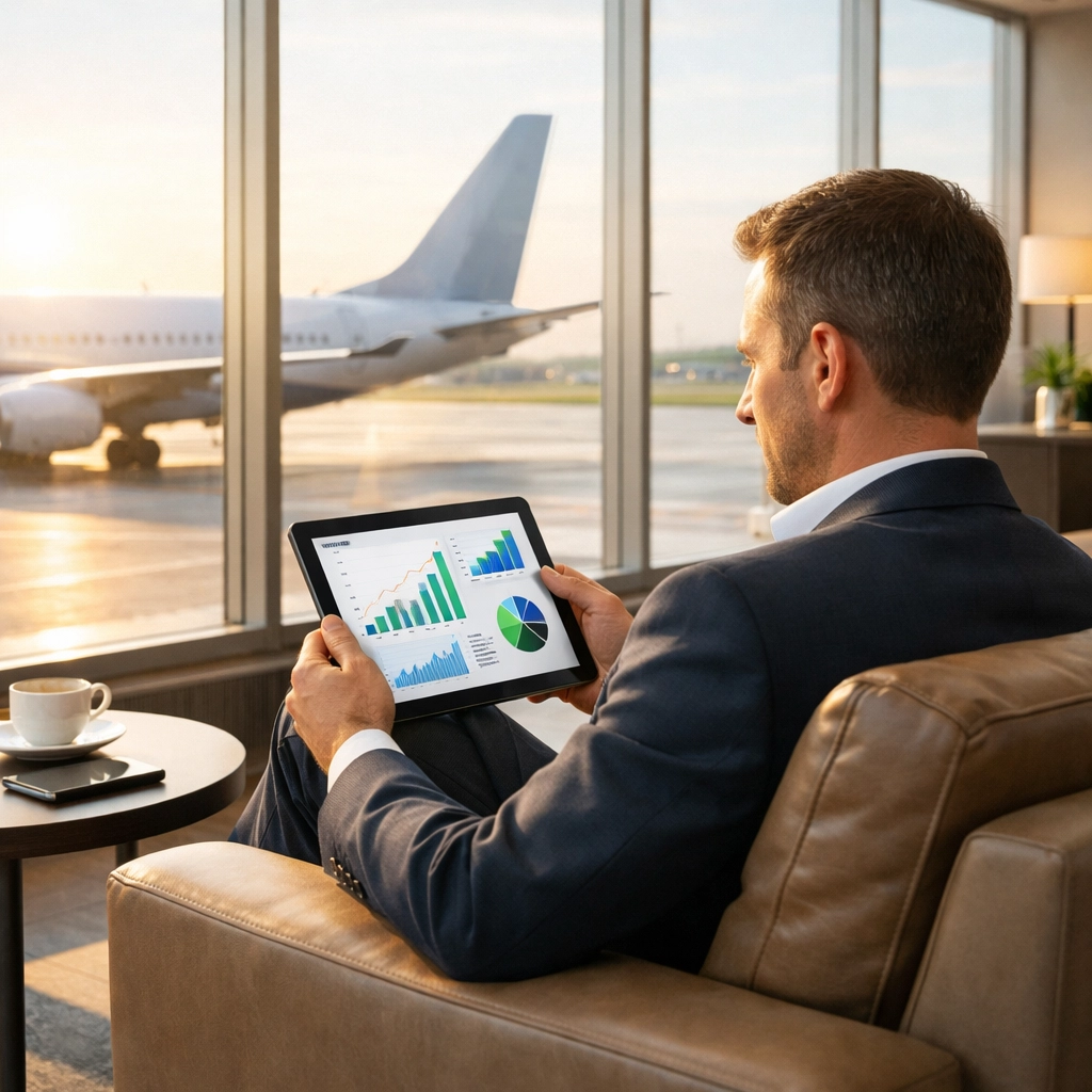 Executive analyzing corporate travel ROI data on a tablet in an airport lounge.